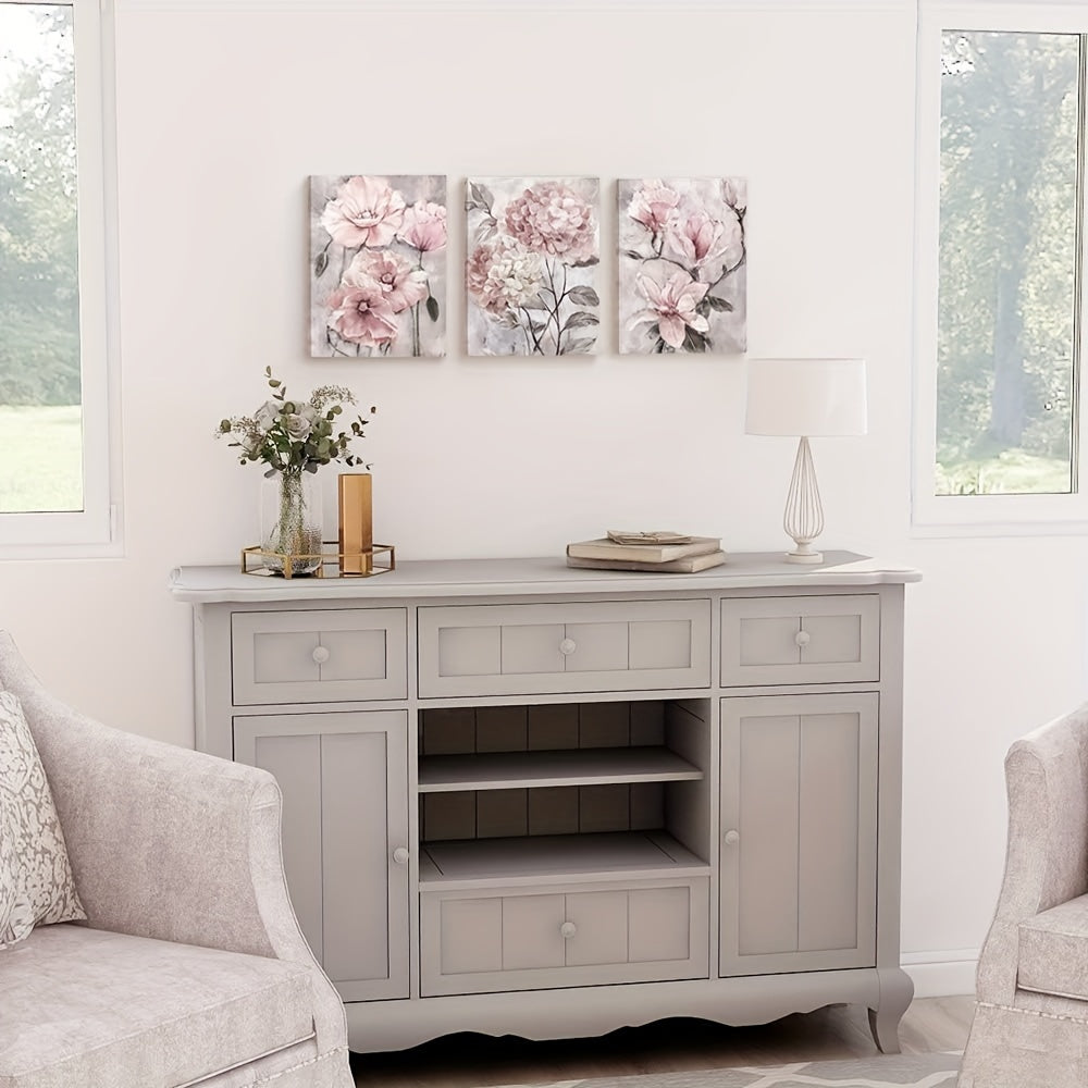 Modern Gray Floral Canvas Painting on Wooden Frame