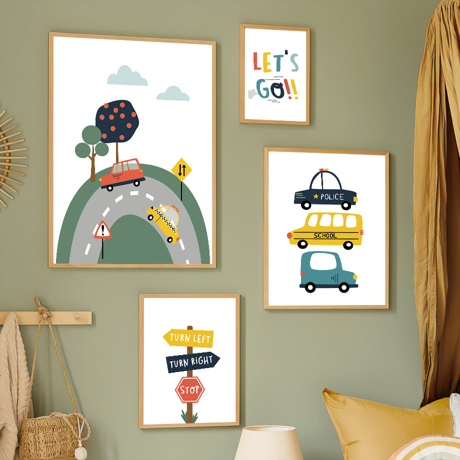 Cartoon Cab Truck Highway Traffic Light Wall Art Canvas Painting