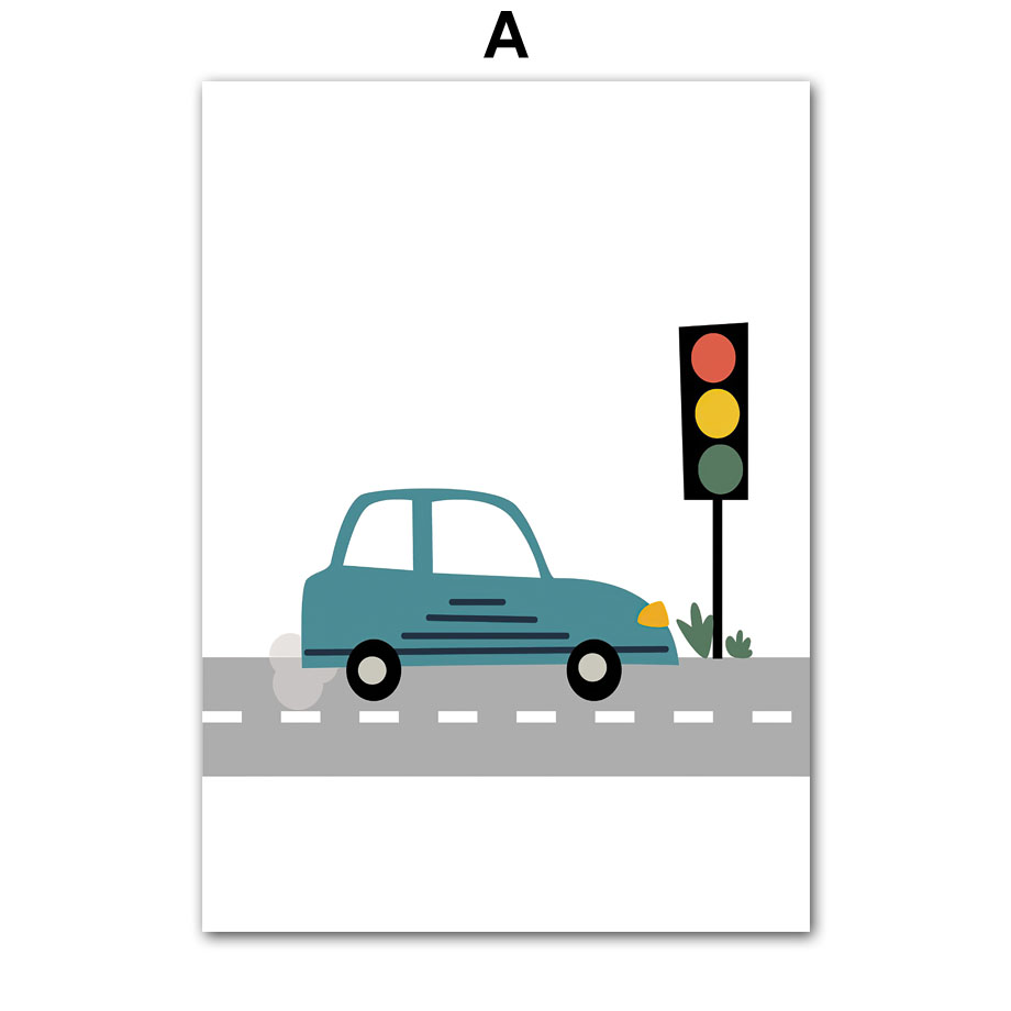 Cartoon Cab Truck Highway Traffic Light Wall Art Canvas Painting